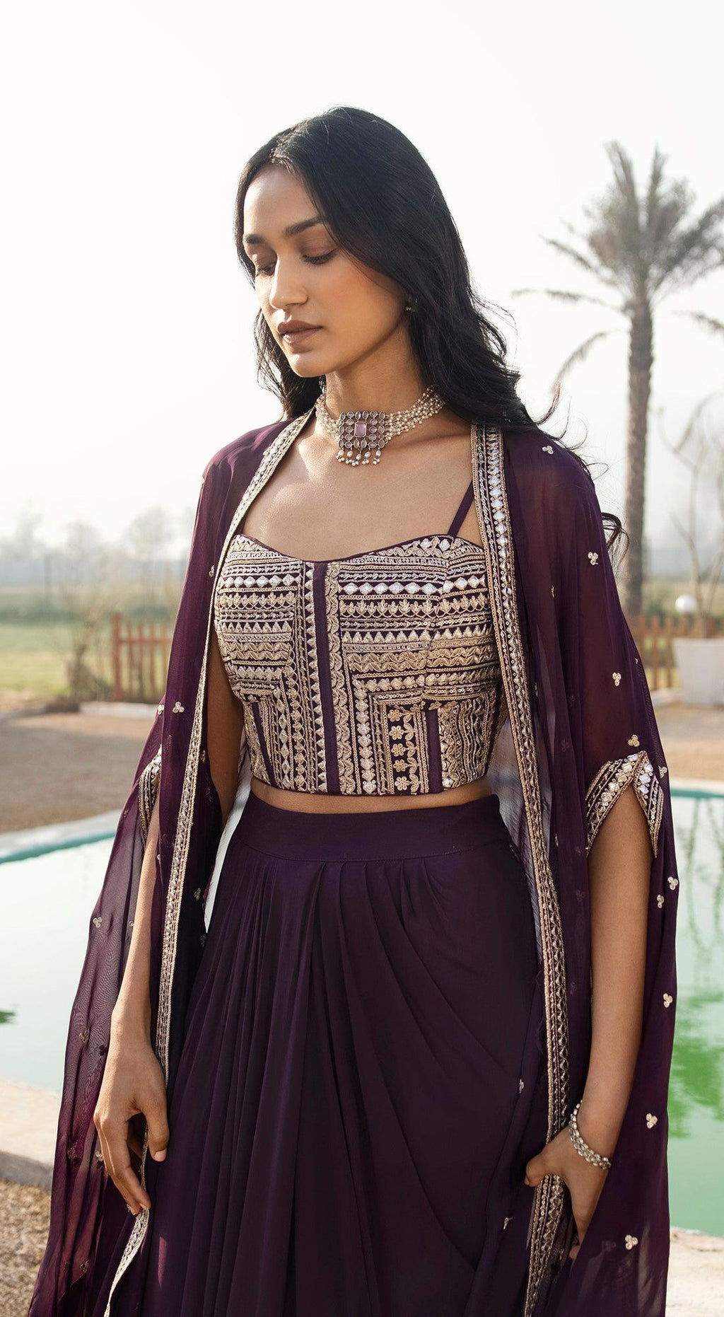 Magenta Cape style dress pakistani – NazJunaid