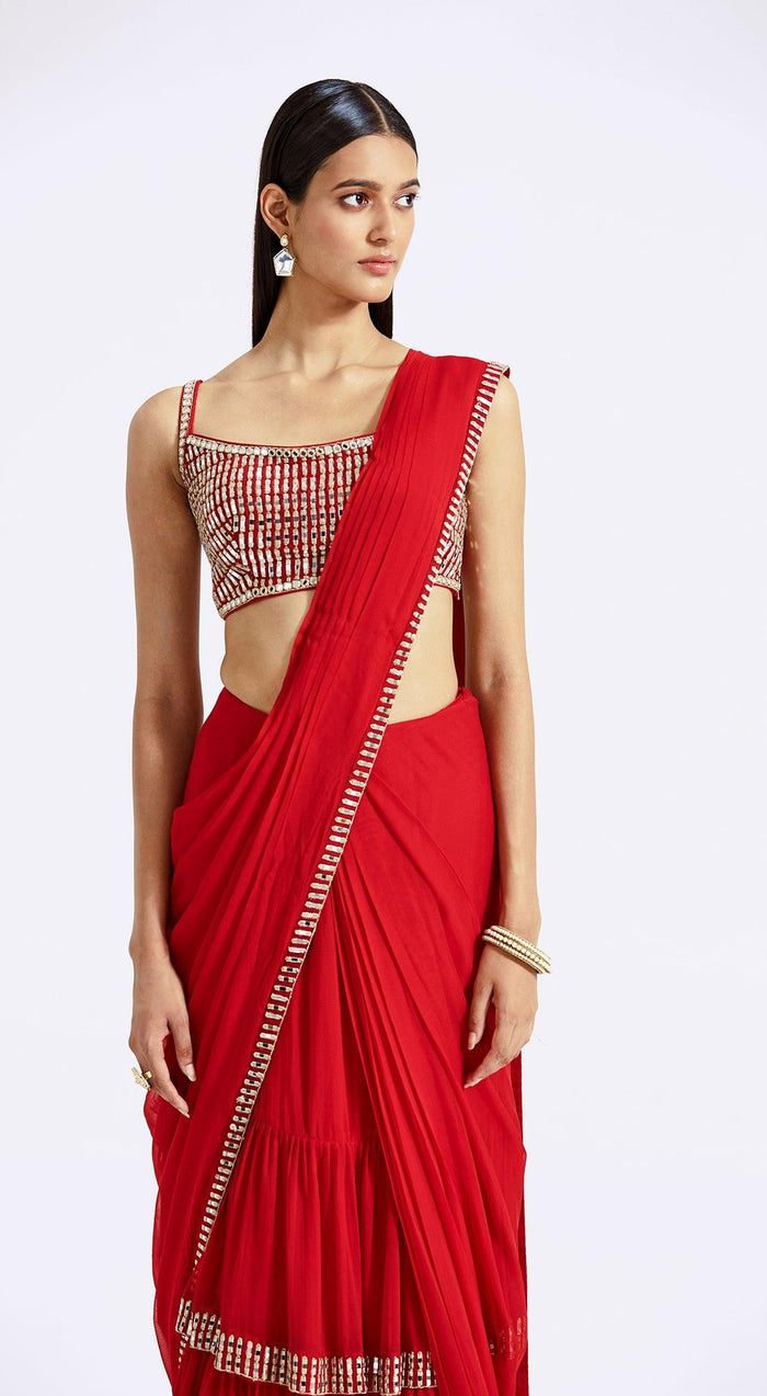 Red Draped Saree - Basanti Kapde aur Koffee