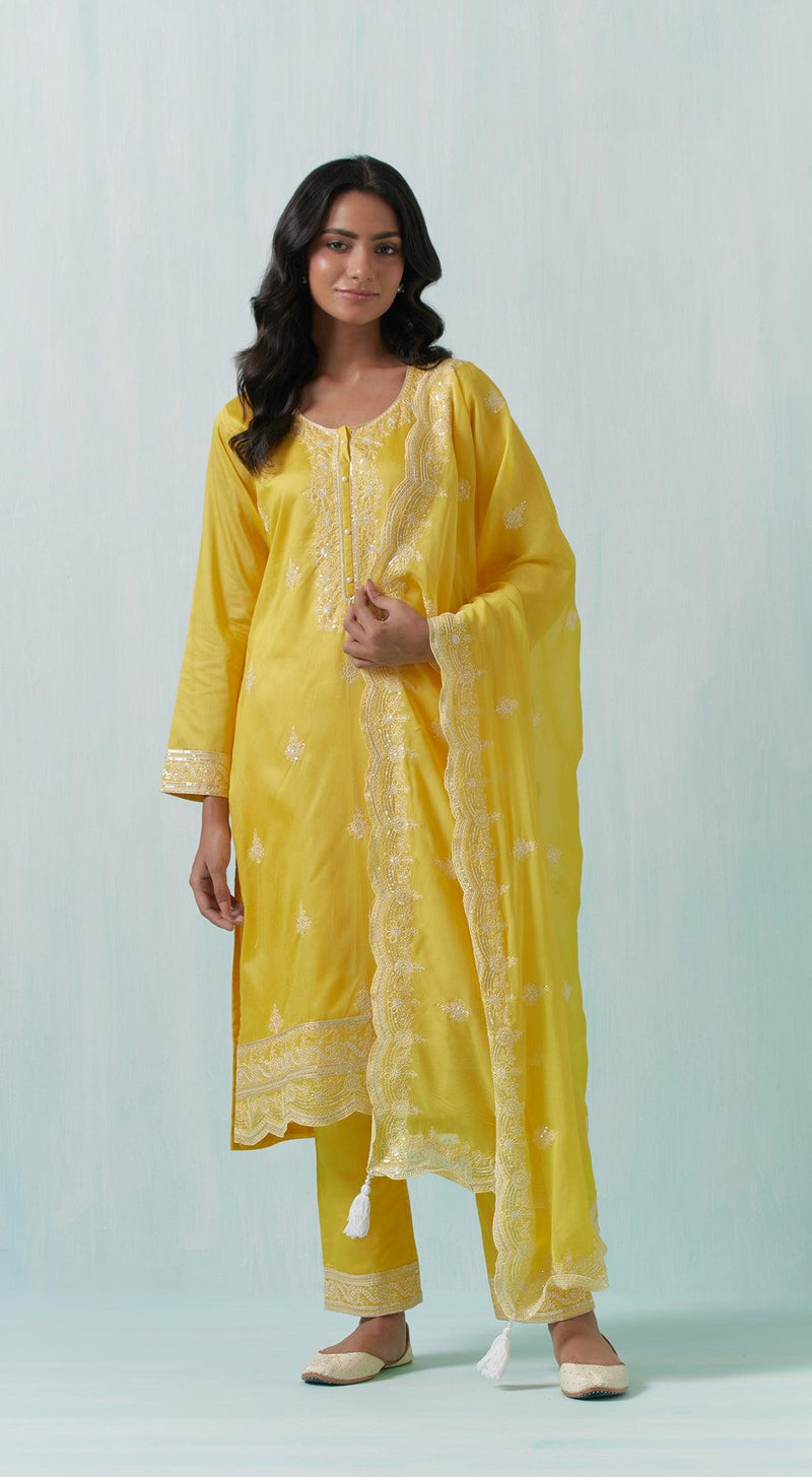 Yellow Chanderi Suit Set - Basanti Kapde aur Koffee