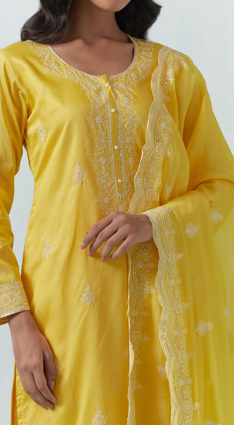 Yellow Chanderi Suit Set - Basanti Kapde aur Koffee