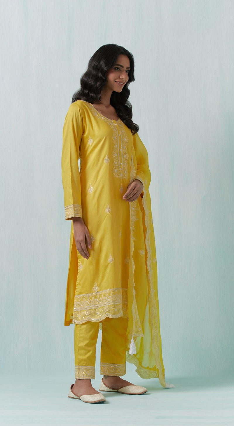 Yellow Chanderi Suit Set - Basanti Kapde aur Koffee