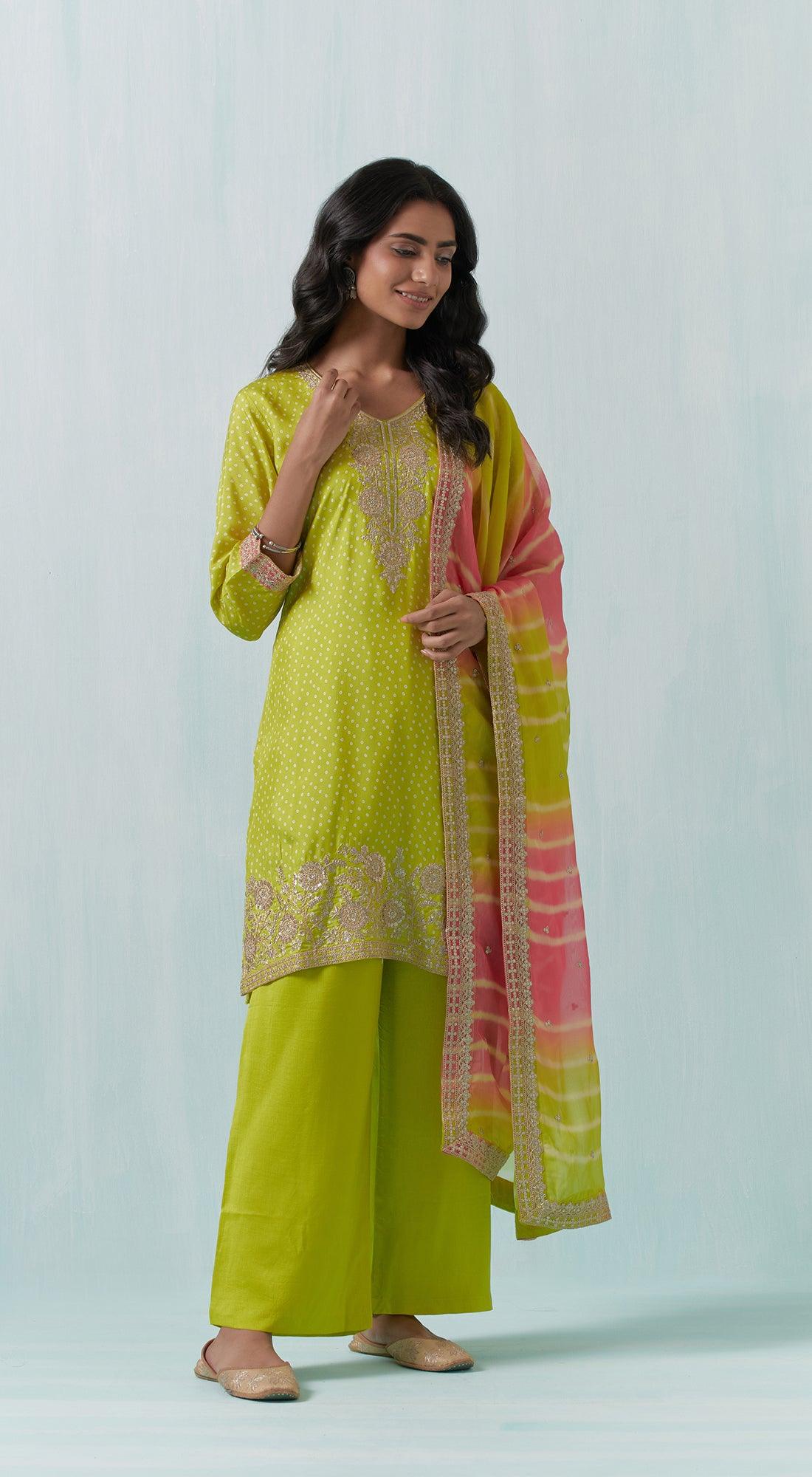 Yellow Leheriya Suit Set - Basanti Kapde aur Koffee