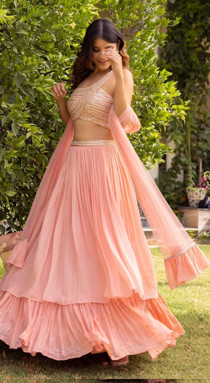 Cut Out Blouse With Layered Lehenga Set - Basanti Kapde aur Koffee