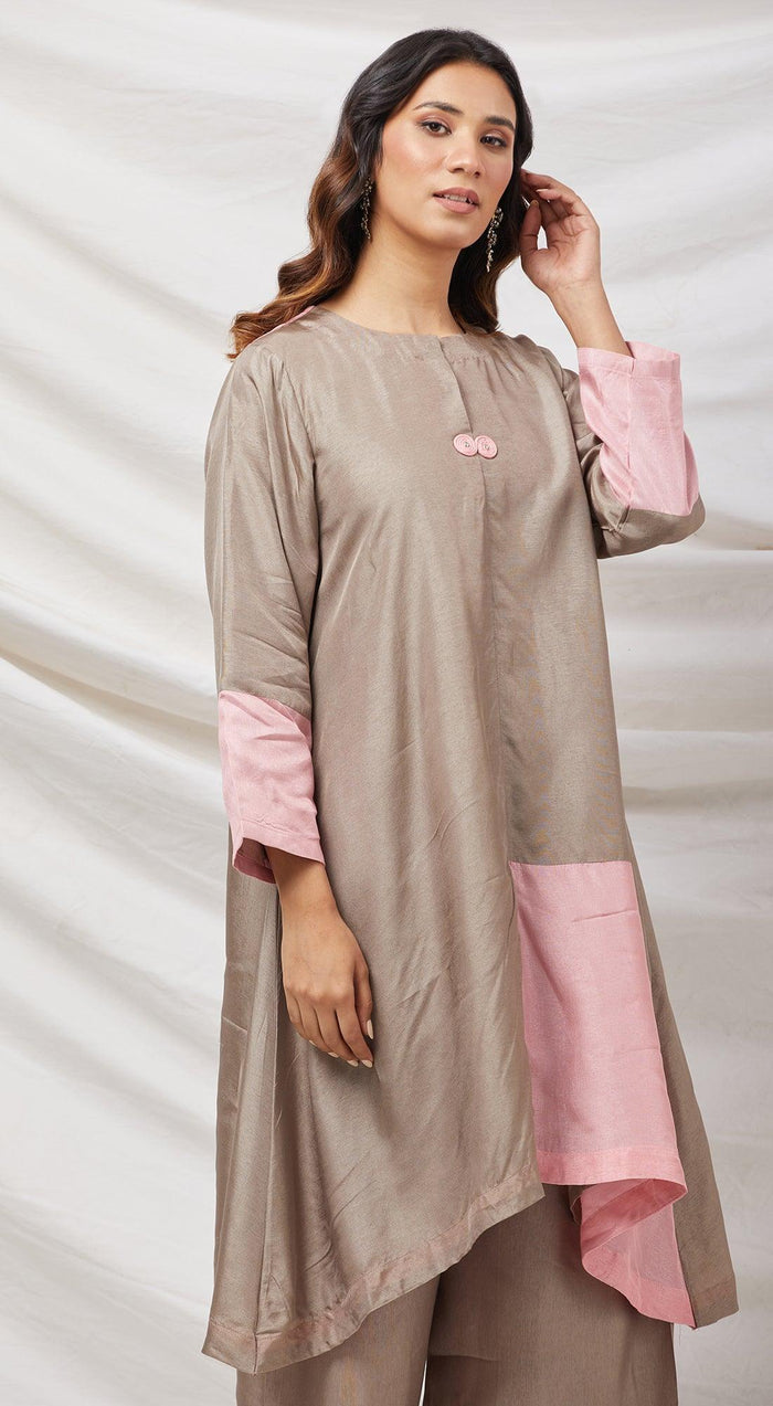 Beige & Pink Cotton Silk Tunic Set - Basanti Kapde aur Koffee