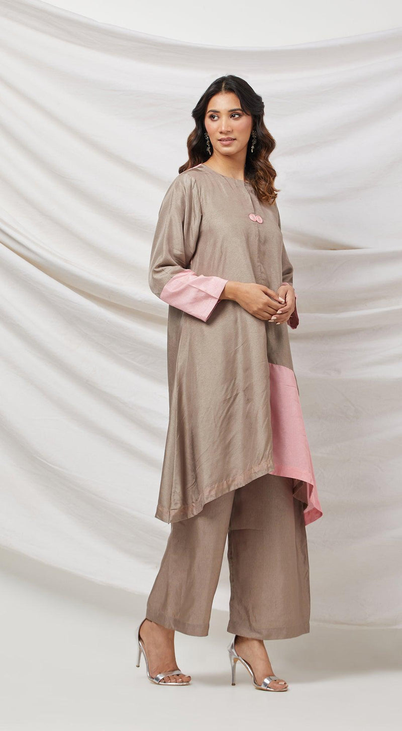 Beige & Pink Cotton Silk Tunic Set - Basanti Kapde aur Koffee