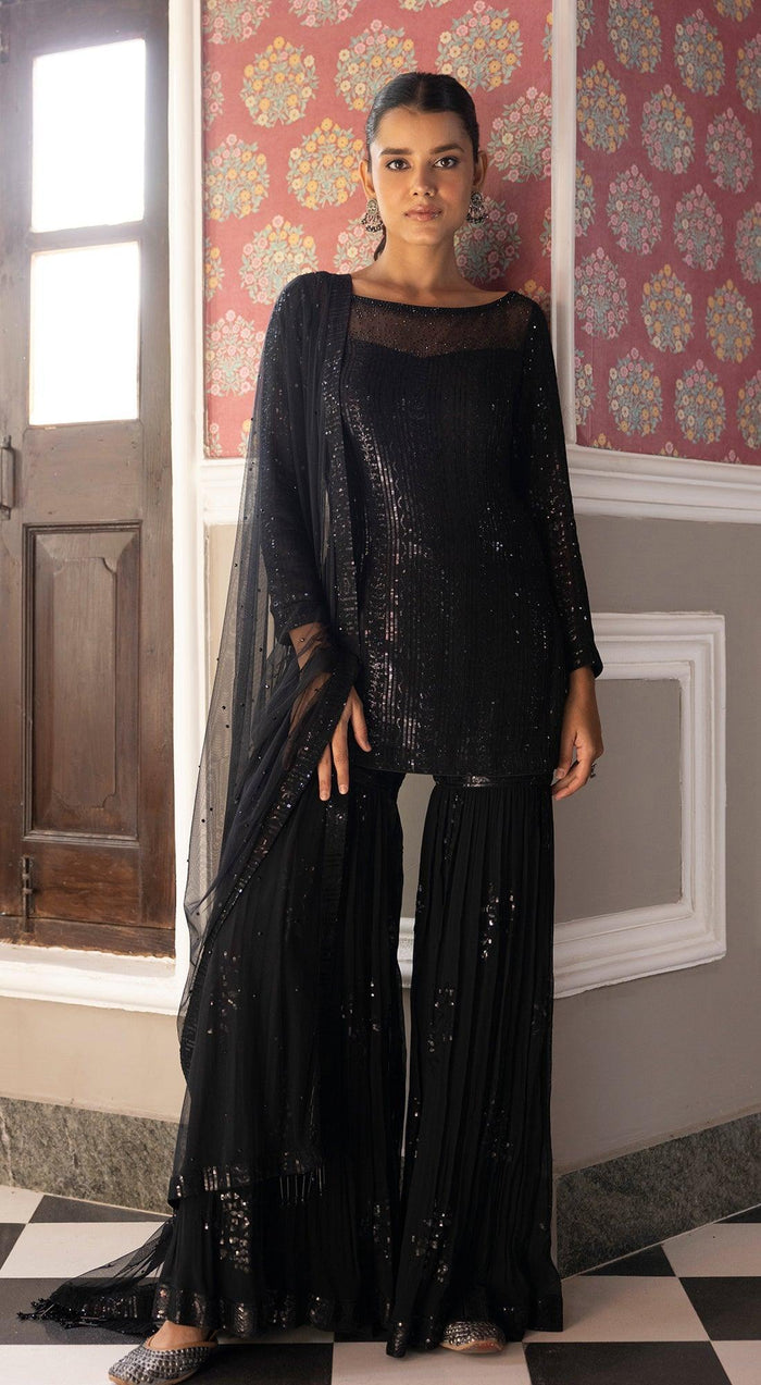 Black Sequins Embroidered Kurta & Sharara Set - Basanti Kapde aur Koffee