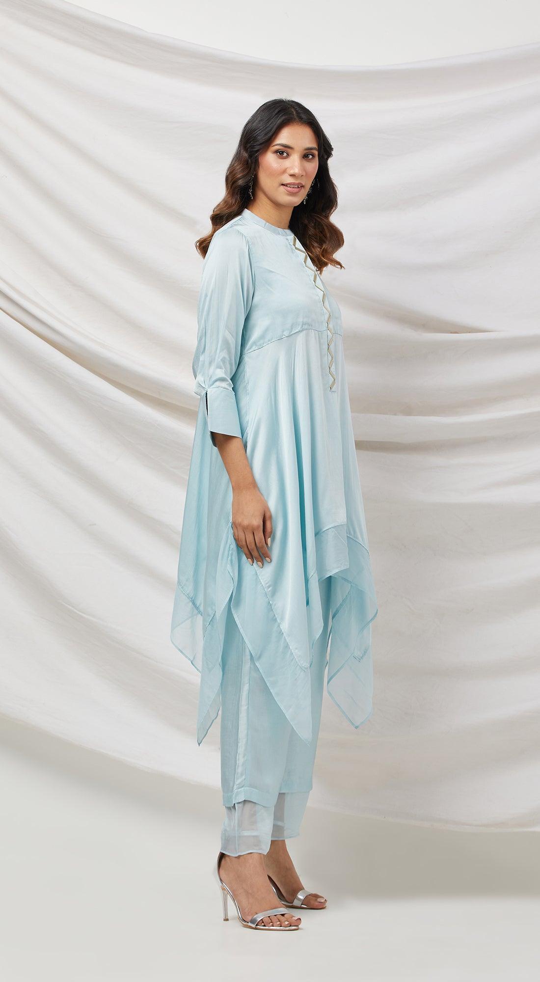 Blue Satin Crepe Tunic Set - Basanti Kapde aur Koffee