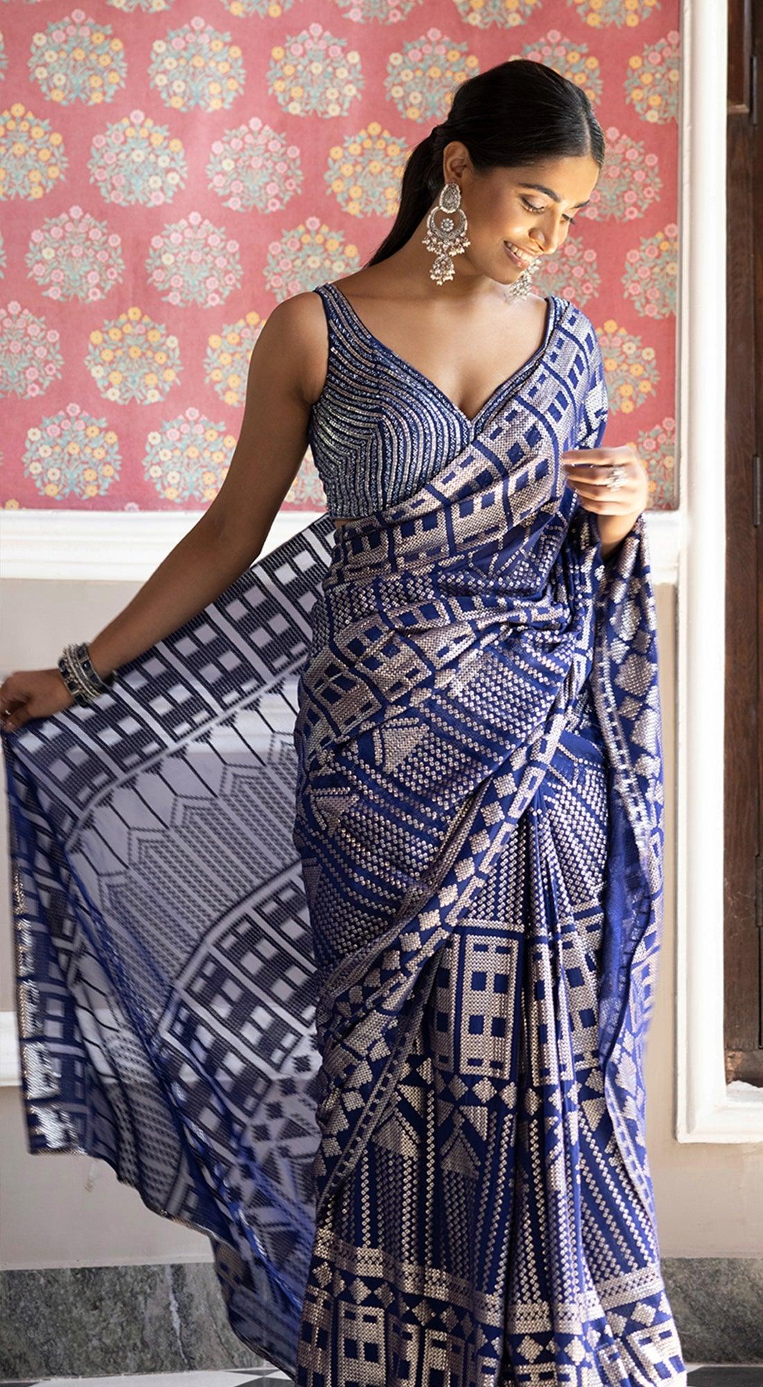 Blue Sequins Saree - Basanti Kapde aur Koffee