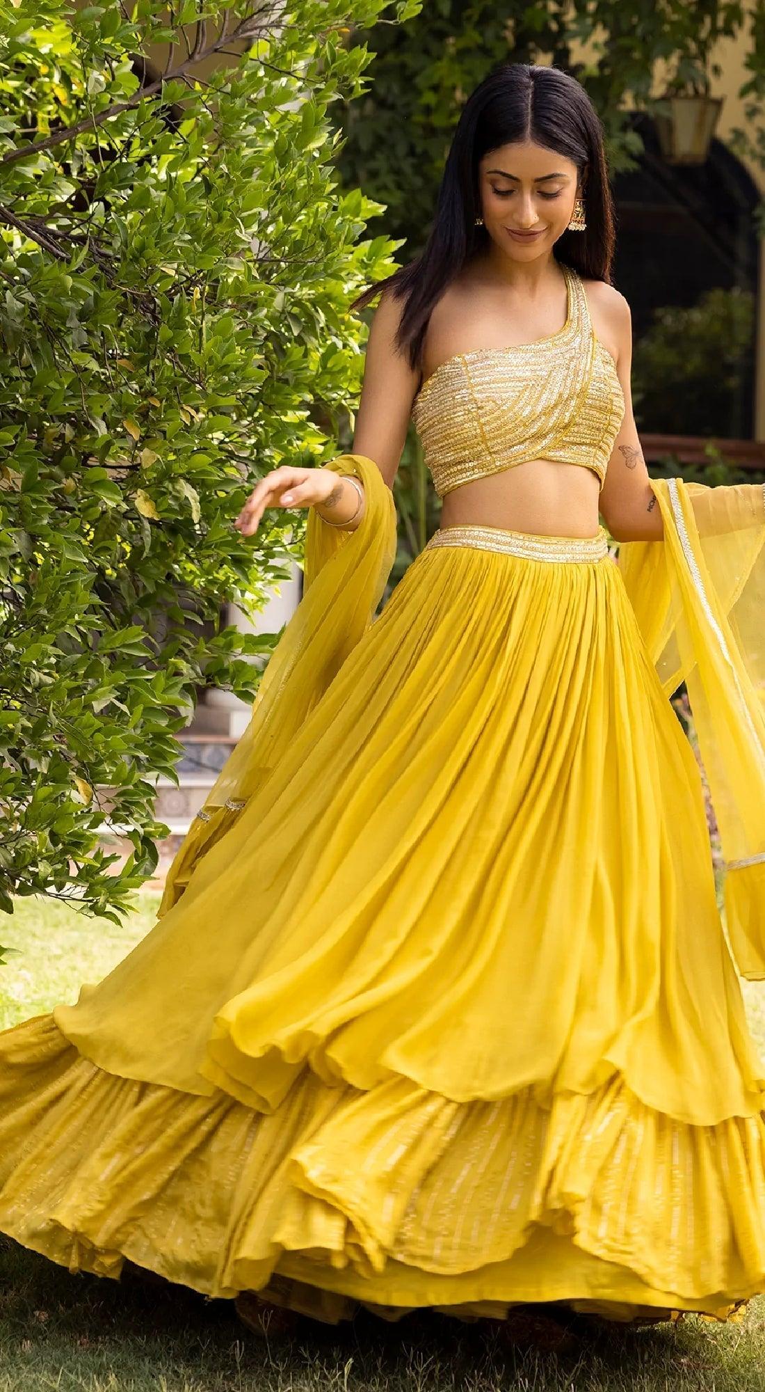 Cut Out Blouse With Layered Lehenga Set - Basanti Kapde aur Koffee