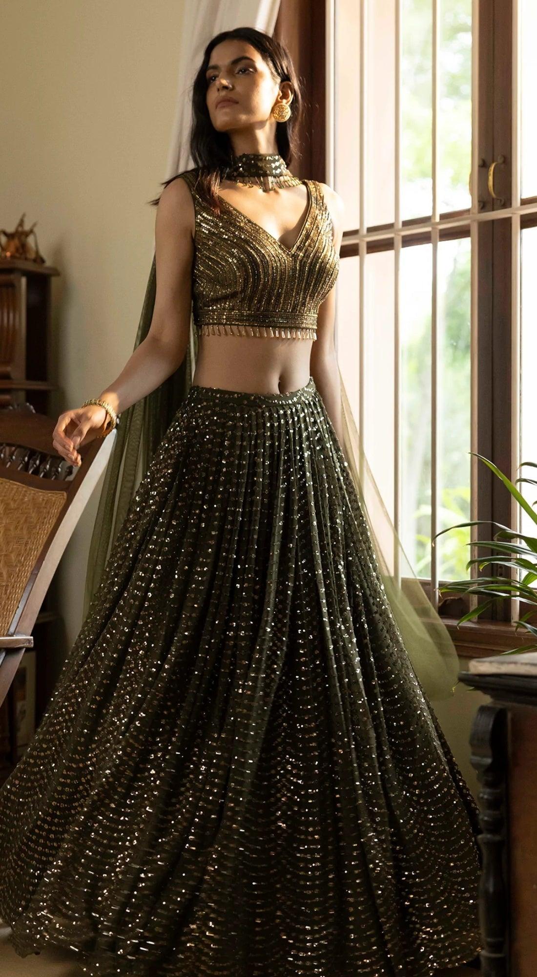 Moss green sequinned lehenga set – Basanti Kapde aur Koffee