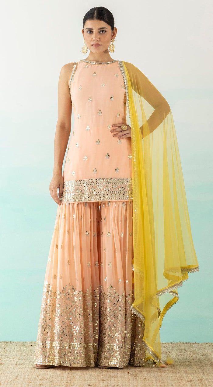 Peach Embroidered Sharara Set With Contrast Dupatta - Basanti Kapde aur Koffee