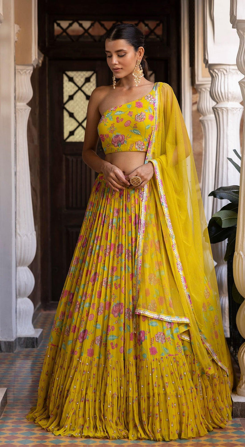 Printed Yellow One Shoulder Lehenga Set - Basanti Kapde aur Koffee