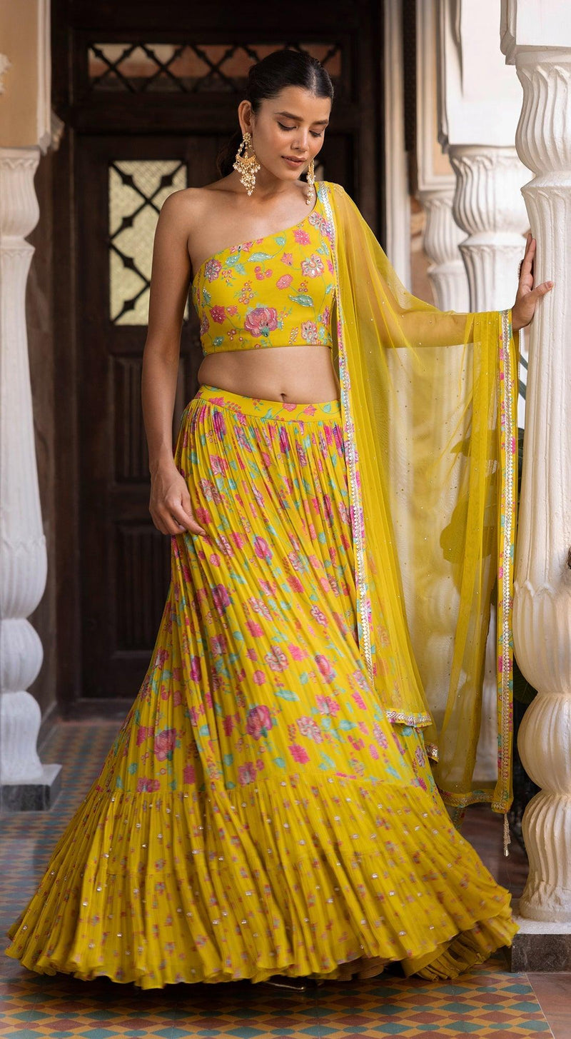 Printed Yellow One Shoulder Lehenga Set - Basanti Kapde aur Koffee