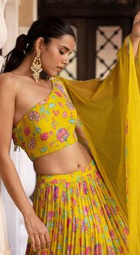 Printed Yellow One Shoulder Lehenga Set - Basanti Kapde aur Koffee