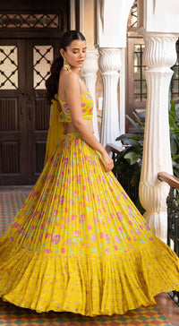 Printed Yellow One Shoulder Lehenga Set - Basanti Kapde aur Koffee