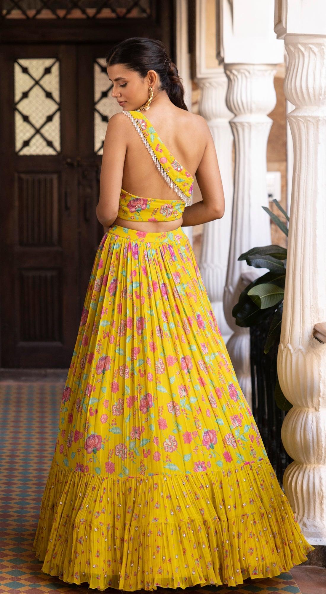 Printed Yellow One Shoulder Lehenga Set - Basanti Kapde aur Koffee