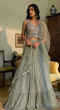 Slate grey pleated lehenga with applique mirror emboidered blouse - Basanti Kapde aur Koffee