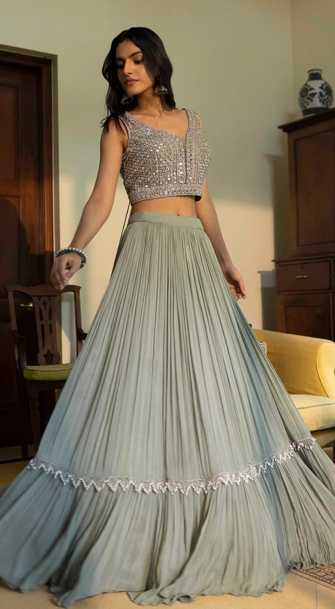 Slate grey pleated lehenga with applique mirror emboidered blouse - Basanti Kapde aur Koffee