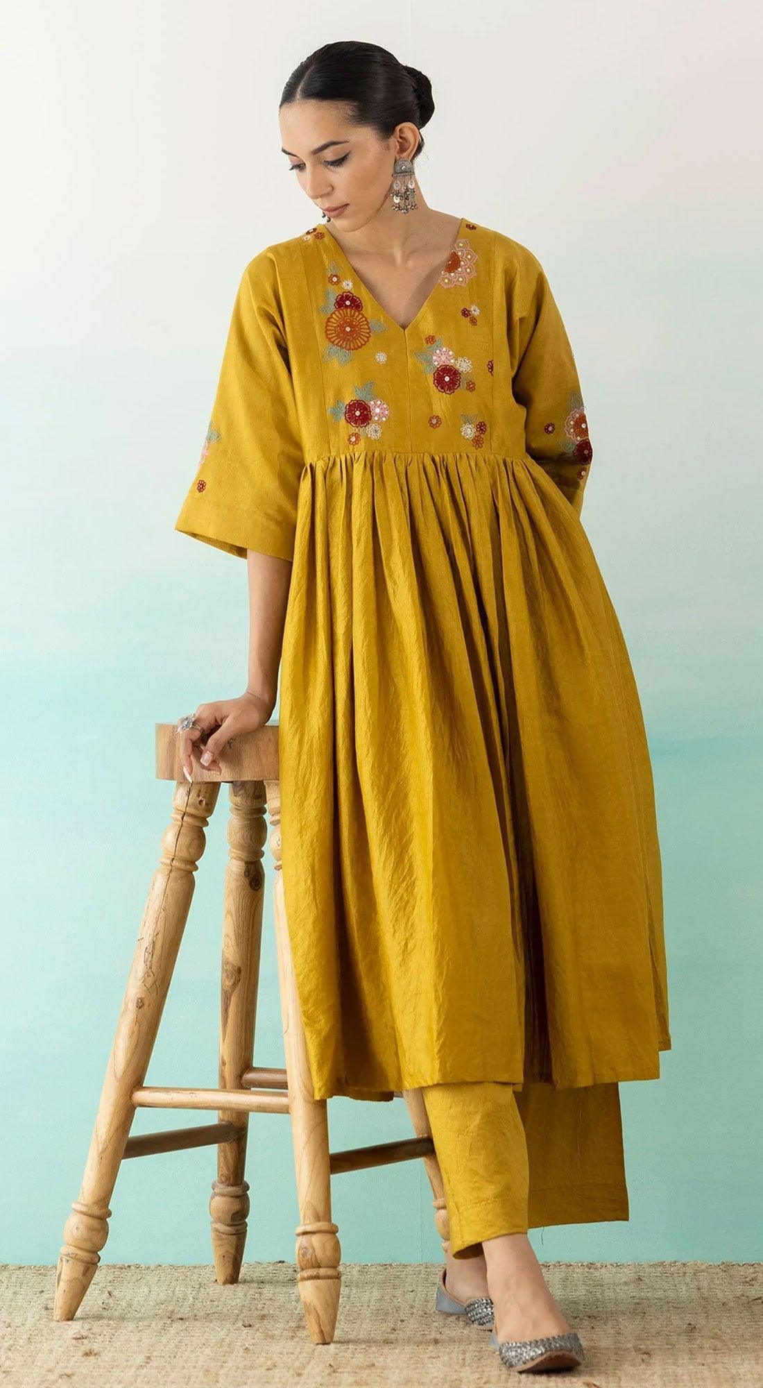 Yellow Embroidered Gathered Kurta With Pants - Basanti Kapde aur Koffee