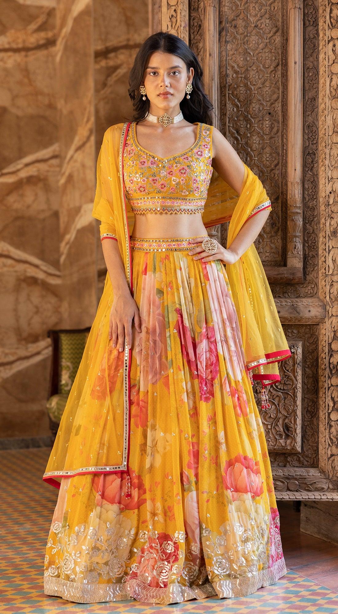 Yellow Sequin Printed Georgette Lehenga - Basanti Kapde aur Koffee