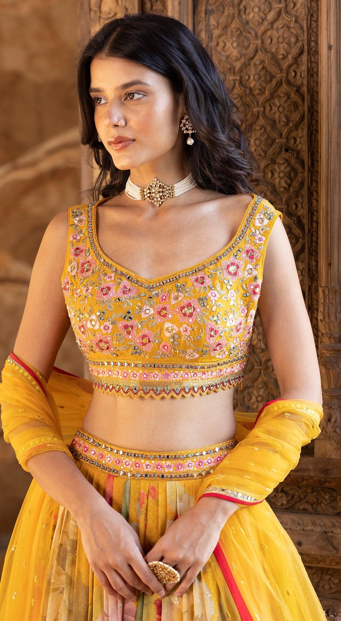 Yellow Sequin Printed Georgette Lehenga - Basanti Kapde aur Koffee